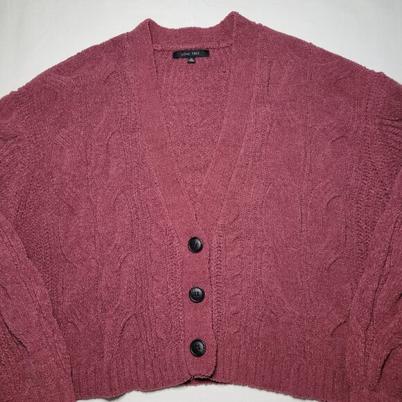 Women's Burgundy Boxy Oversized Cable Knit Button-Up Cardigan Size Medium - Picture 2 of 10